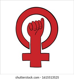 Symbol of feminist movement. Happy Women's Day. Red fminism icon isolated background on white background. Girl power, woman power. Stock vector illustration of woman's hand.
 Simple red symbol. 