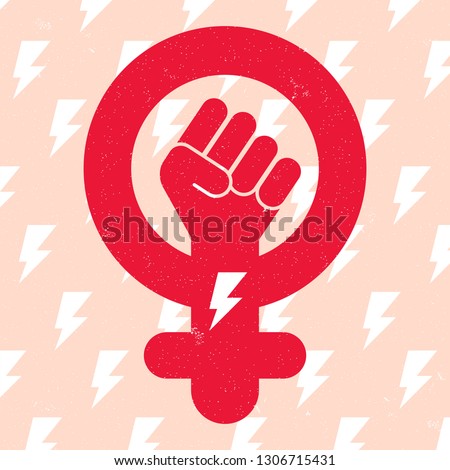 Symbol of feminist movement on lightning background. Woman hand with her fist raised up. Girl Power concept. Vector illustration.