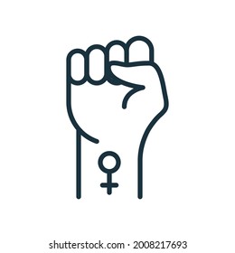 Symbol of Feminist Movement. Strong Fist Raised up with Female Gender Symbol. Girl Power, Female Protest Line Icon. Sign of Feminism and Women Equality. Editable stroke. Vector illustration.