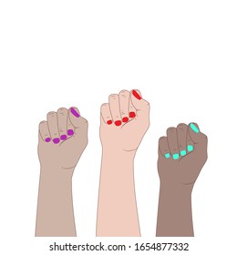 Ein Symbol der feministischen Bewegung, des Kampfes und des Widerstandes. Illustration Konzept der internationalen Frauen Feminismus. Weibliche Hände auf weißem Hintergrund. Zeichen des Protests einzeln. Protest-Kunstkarte, Banner