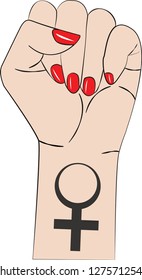 Symbol of feminist movement. Three raised women s fist. Female gender sign. Women of different races. Symbol unity or solidarity, with oppressed people and women's rights. Happy Women's Day concept 