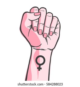 Symbol of feminist movement. Woman hand with her fist raised up. Girl Power. Happy Women's Day concept