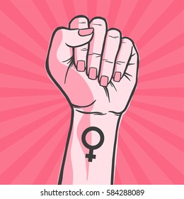 Symbol Of Feminist Movement. Woman Hand With Her Fist Raised Up. Girl Power. Happy Women's Day Concept