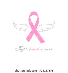 Symbol of fighting Breast Cancer pink ribbon with the silver angel wings. Sign for support campaign for breast cancer awareness month.