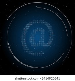 The at symbol filled with white dots. Pointillism style. Some dots is red. Vector illustration on blue background with stars