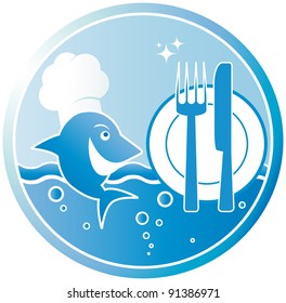 symbol of the fish dish with cook and utensil