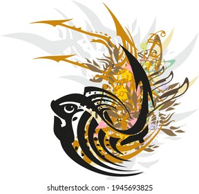 Symbol of fish with golden arrows and elements of gray feathers. Twisted fish symbol with colored and golden floral splashes for prints, emblems, wallpaper, cards, tattoo, textiles, etc.