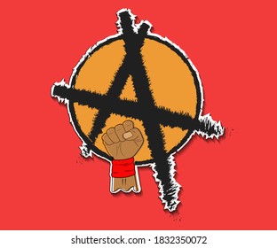 Symbol of fist with anarchy symbol background, isolated on red background.
