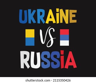 Symbol der Flaggen der Ukraine und Russland für die Fahne Treffen mit buntem symbolischen Text auf schwarzem Hintergrund. Ukraine gegen Russland-Konflikt.