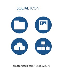 Symbol of Folder, Picture, Cloud upload and Organization chart icons on blue circle shape isolated on white background. Icons about social vector illustration.