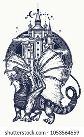 Symbol force, fantasy, fairy tale. Strong dragon and medieval castle, tattoo and t-shirt design