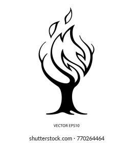 Symbol of a forest fire for ecological maps or breaking news.  Black icon of a burning tree. Contour of flame twists around a trunk and branches. Isolated sign of wildfire or vandalism against Nature.