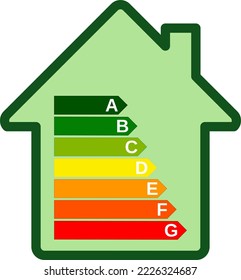 Símbolo en forma de casa verde con el gráfico que representa la eficiencia energética de los edificios (corte)