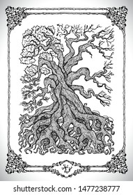 Symbol of four calendar year seasons and old tree. Vector line art mystic illustration. Engraved drawing in gothic style. Occult, esoteric and fantasy concept