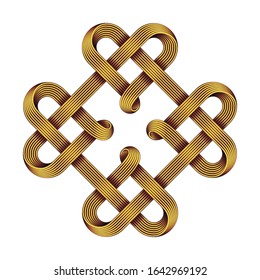 Symbol of four hearts made with golden wires intertwined as celtic knot. Vector illustration isolated on white background.