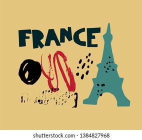 Symbol of France Eiffel tower and lettering France paper cut set with calligraphic elements. Colorful print design for for packaging design, brand design, poster, postcard, calendar.