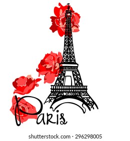 Symbol of France, symbol of Paris - Eiffel Tower. Inscription Paris. Delicate rose. Travel collection.
