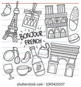 Symbol of France such as, Eiffel tower, notre dame paris, Champs elysees in doodle style vector illustration.