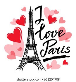 Symbol France-Eiffel tower, hearts and phrase I love Paris. French capital Paris. Vector sketch illustration