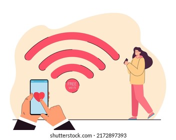 Symbol of free wifi and tiny woman holding smartphone. Hands of man using dating app flat vector illustration. Internet connection, love, romance, technology concept for banner or landing web page