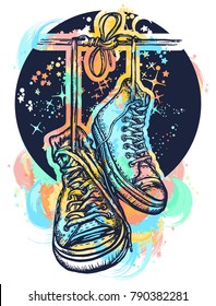 Symbol of freedom, graffiti, street art. Sneakers on wires in space. Boots hanging from electrical wire tattoo and t-shirt design water color splashes 