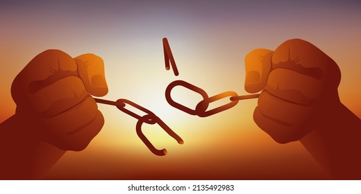 Symbol of freedom and human rights with the grips of a prisoner who breaks his chains by campaigning for peace.