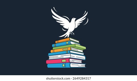 A symbol of freedom and knowledge a bird takes flight from a stack of colorful books