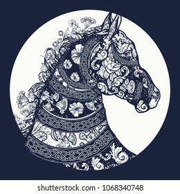 Symbol of freedom, strength, grace. Horse head in ethnic style tattoo art 