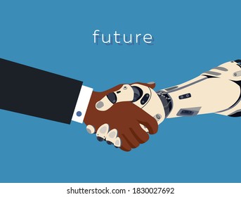 Symbol of friendship and teamwork between humanity and artificial intelligence. Handshake of african human and cyber hands in blue background.