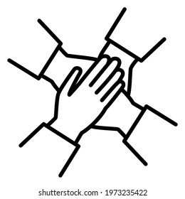 Symbol Of Friendship, Unity, Equality. Four Hands Are Folded Together. Command Work, Solving Common Problems. Vector Icon, Outline, Isolated.