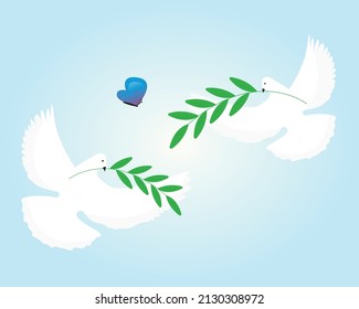 symbol of friendship is a white dove with an olive branch and a butterfly. concept of peace and freedom or life without war. Vector illustration in a flat style
