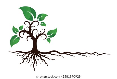 Symbol of a garden tree with roots and green leaves.
