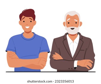 Symbol Of Generational Unity, A Young And Old Man Characters Stand Side By Side, Arms Crossed, Embodying Wisdom And Experience Passed Down Through The Ages. Cartoon People Vector Illustration