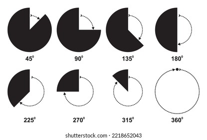 The symbol of geometry, and mathematics. Set of vector icons consisting of angles of different degrees 45, 30, 90, etc., vector illustration on White Background