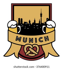 Symbol, German city, with abstract skyline, Munich, beer and pretzel, vector illustration