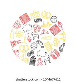 Symbol of Germany Thin Line Round Design Template Style Design Element Travel Business. Vector illustration of German National Culture, Food and Monument