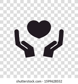 Symbol of giving love. Icon of two hands delivering a heart. Transparent background.