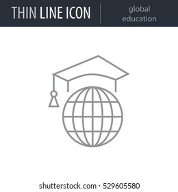 Symbol of global education Thin line Icon of Education Essentials. Stroke Pictogram Graphic for Web Design. Quality Outline Vector Symbol Concept. Premium Mono Linear Beautiful Plain Laconic Logo
