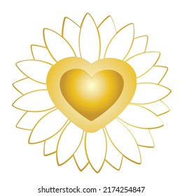 Símbolo del amor de Dios, girasol y diseño de contorno dorado del corazón aislado en fondo blanco. Curación del amor, energía solar universal, conceptos de fuente de vida.