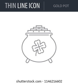 Symbol Of Gold Pot. Thin Line Icon Of Saint Patrick Day. Stroke Pictogram Graphic For Web Design. Quality Outline Vector Symbol Concept. Premium Mono Linear Beautiful Plain Laconic Logo