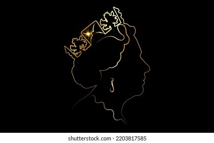 symbol of the golden crown in line art style, side profile of Queen Elizabeth. The Queen's in gold portrait, vector illustration isolated on black background svg