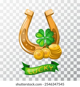 Symbol of good luck golden horseshoe clover gold coins. Isolate on a white background. Vector illustration.