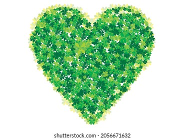 symbol of good luck. Illustration of a heart drawn with many four-leaf clovers, backdrop. Ecology.　
