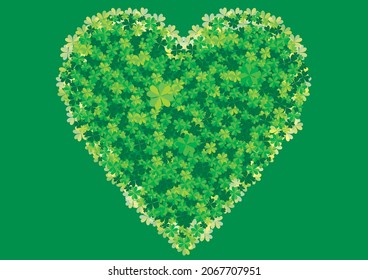 symbol of good luck. Illustration of a heart drawn with many four-leaf clovers, backdrop. Ecology.　