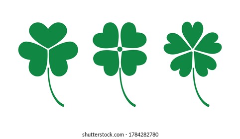 Glückssymbol: Drei-Blatt-Kleeblatt, vier-Blatt-Kleeblatt, fünf Blatt-Kleeblatt einzeln auf weißem Hintergrund, Klee, irisches Symbol, St. Patrick's Day. Vektorgrafik