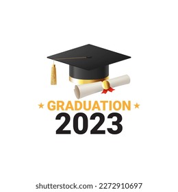 Símbolo de la graduación 2023. Ilustración vectorial con logotipo para la graduación 2023. Clase de etiqueta de 2023. Símbolo de la ceremonia de graduación con una tapa de mortero realista y pergamino.