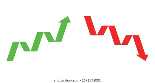 Símbolo de gráfico subiendo y bajando signo con flechas verdes y rojas conjunto de diseño de Vector, representa aumento y disminución, crecimiento y disminución. 