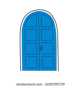 Symbol of Grease Blue closed door on isolated background. Vector illustration of Mediterranean entrance in flat style, detail of Greece architecture. Design for Santorini, Travelling,  vacation