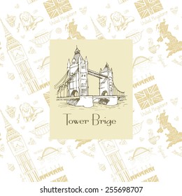 Symbol Great Britain    Tower Bridge the background different symbols UK  Hand  drawn sketch  For packaging design  tea    country decor 