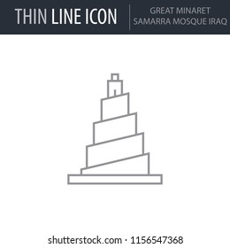 Symbol of Great Minaret Samarra Mosque Iraq. Thin line Icon of Landmark Set. Stroke Pictogram Graphic for Web Design. Quality Outline Vector Symbol Concept. Premium Mono Linear Beautiful Plain